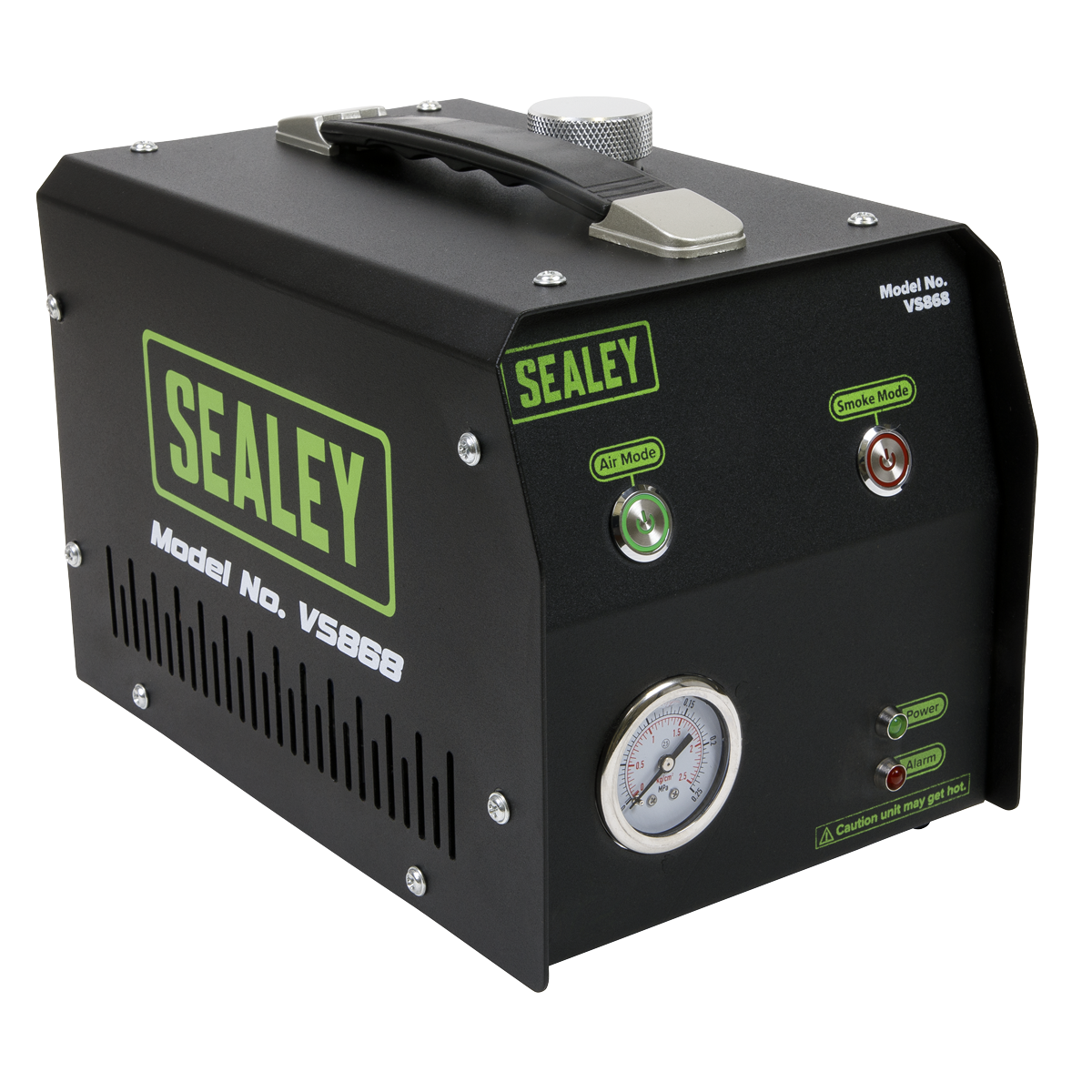 A rectangular Leak Detector Smoke Diagnostic Tool - VS868 by Sealey, featuring control buttons, a pressure gauge display, and a carrying handle on top to detect system leaks in both air and smoke modes.