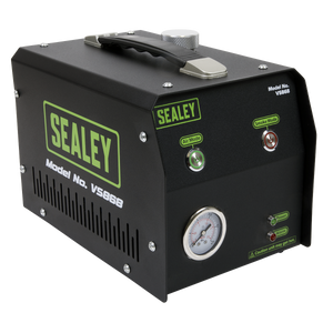 A rectangular Leak Detector Smoke Diagnostic Tool - VS868 by Sealey, featuring control buttons, a pressure gauge display, and a carrying handle on top to detect system leaks in both air and smoke modes.