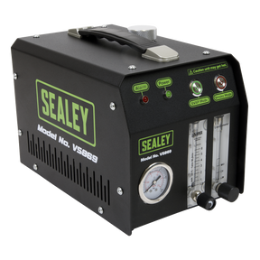 The Sealey EVAP Tool Leak Detector Smoke Diagnostic - VS869, featuring a black carrying handle and labeled controls for Alarm, Power, EVAP Mode, and Smoke Mode—ideal for detecting system leaks in EVAP systems—boasts pressure gauges on the front panel.