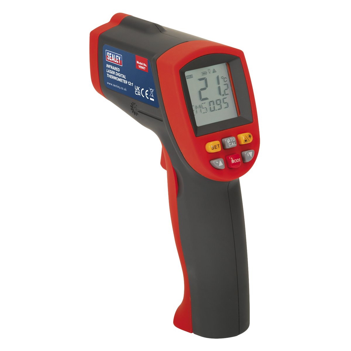 The Sealey Infrared Laser Digital Thermometer 12:1 - VS907 is a black and red hand-held device that displays a high-resolution temperature reading of 21.2°C. It features buttons for various functions and operates within the infrared spectrum.