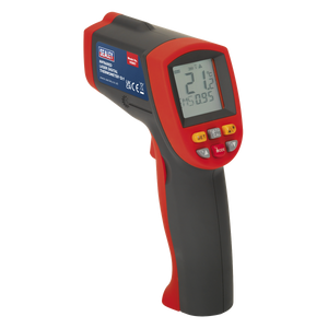 The Sealey Infrared Laser Digital Thermometer 12:1 - VS907 is a black and red hand-held device that displays a high-resolution temperature reading of 21.2°C. It features buttons for various functions and operates within the infrared spectrum.