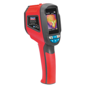 A red Sealey Thermal Imaging Camera - VS912 displaying a thermal image on its screen, ideal for automotive applications, ensuring precise temperature measurement.