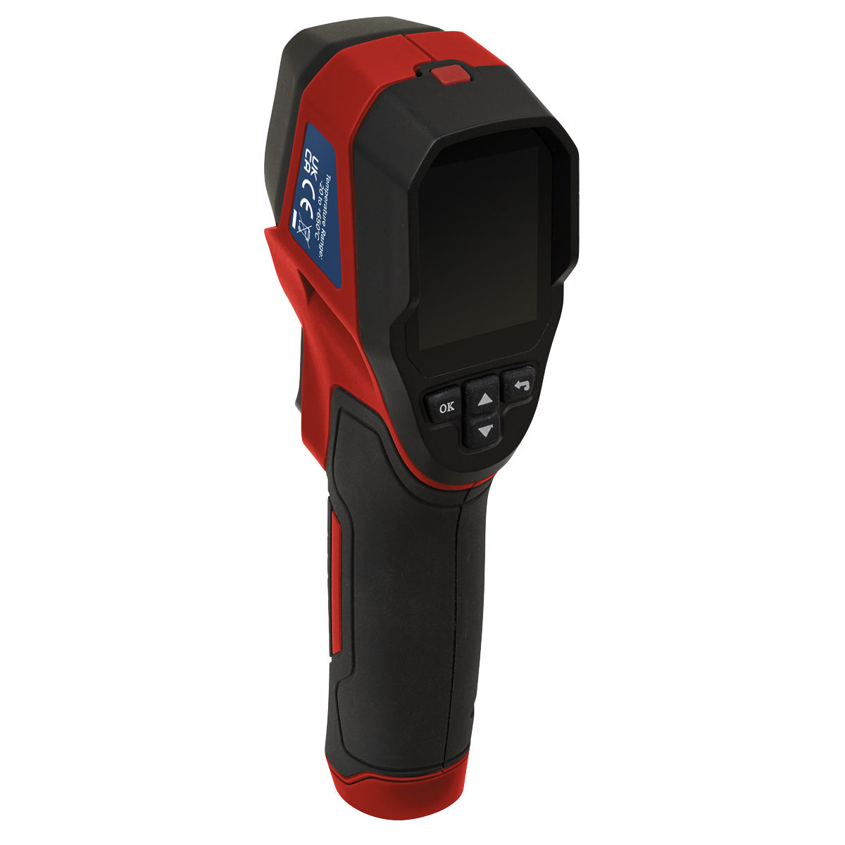 The Sealey Thermal Imaging Camera - VS913 is a handheld digital infrared device with a black and red design, featuring a display screen for temperature readings and control buttons.