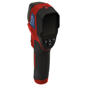 The Sealey Thermal Imaging Camera - VS913 is a handheld digital infrared device with a black and red design, featuring a display screen for temperature readings and control buttons.