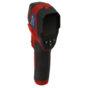 The Sealey Thermal Imaging Camera - VS913 is a handheld digital infrared device with a black and red design, featuring a display screen for temperature readings and control buttons.