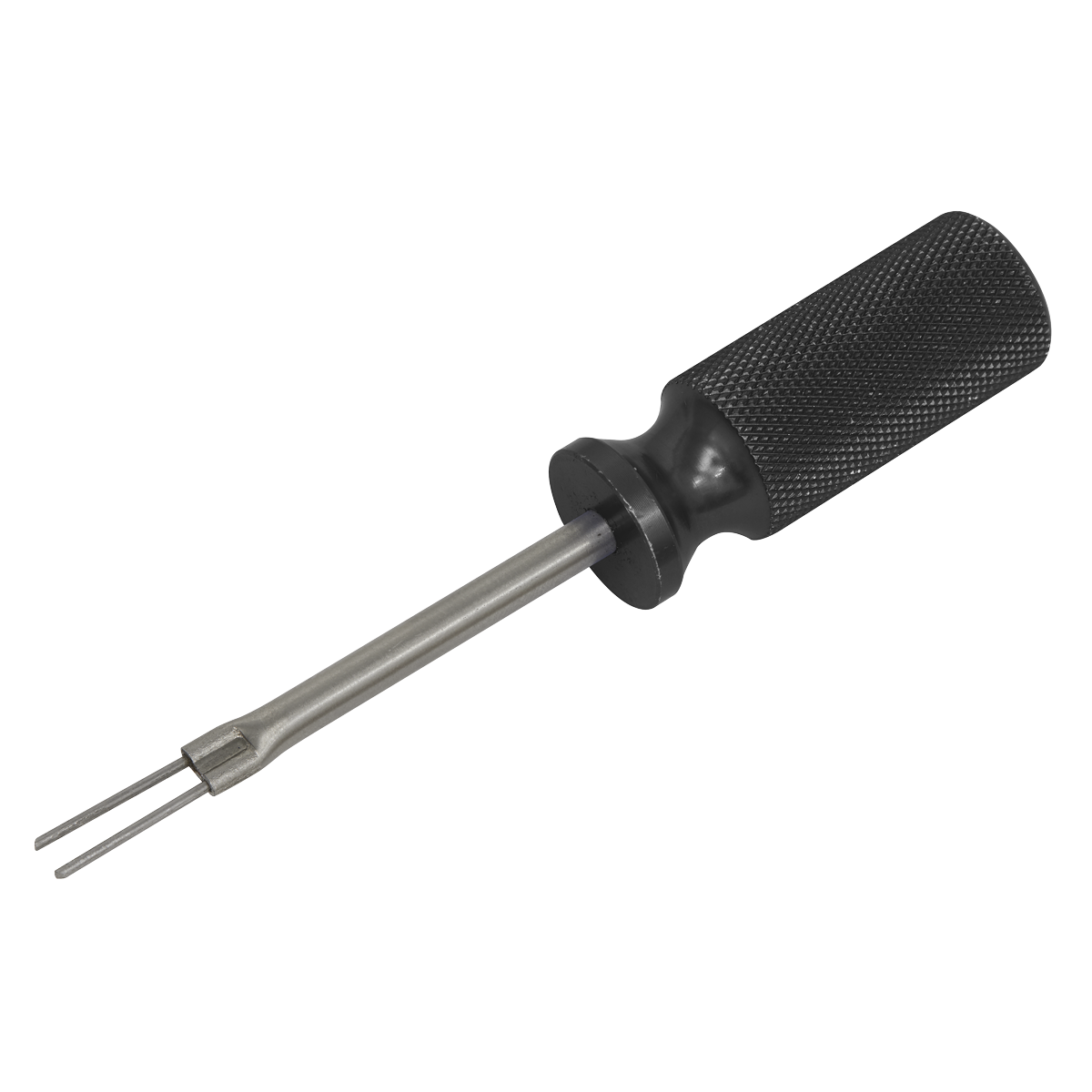 The Sealey Terminal Tool - VAG - VS9200 is a black-handled tool with a cylindrical textured grip and two metal prongs, commonly used to remove terminals in VAG group vehicles.