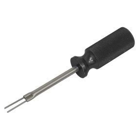 The Sealey Terminal Tool - VAG - VS9200 is a black-handled tool with a cylindrical textured grip and two metal prongs, commonly used to remove terminals in VAG group vehicles.