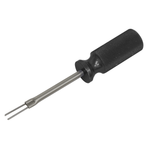 The Sealey Terminal Tool - VAG - VS9200 is a black-handled tool with a cylindrical textured grip and two metal prongs, commonly used to remove terminals in VAG group vehicles.