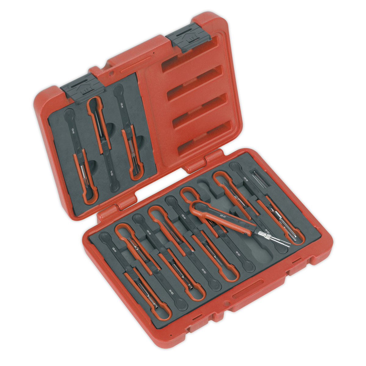 A red plastic case from Sealey, specifically the Universal Cable Ejection Tool Set 15pc - VS9201, is open, displaying a set of orange-and-black contact dismantling tools organized in foam cutouts.