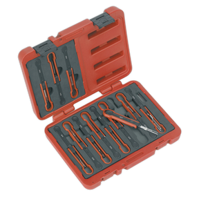 A red plastic case from Sealey, specifically the Universal Cable Ejection Tool Set 15pc - VS9201, is open, displaying a set of orange-and-black contact dismantling tools organized in foam cutouts.