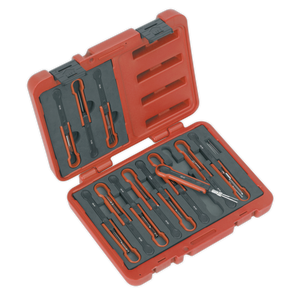 A red plastic case from Sealey, specifically the Universal Cable Ejection Tool Set 15pc - VS9201, is open, displaying a set of orange-and-black contact dismantling tools organized in foam cutouts.