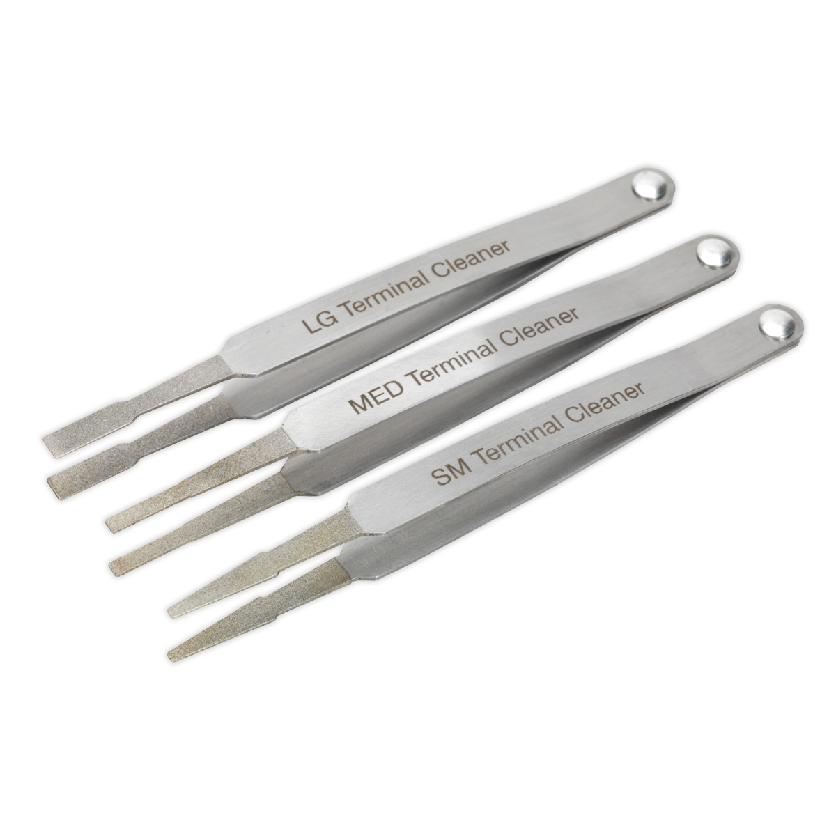 The "Sealey Terminal Cleaner Set 3pc - Diamond Grip - VS9202" includes three metallic terminal cleaners, each equipped with diamond cleaning ends for effective corrosion removal on terminals of varying sizes.