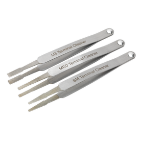 The "Sealey Terminal Cleaner Set 3pc - Diamond Grip - VS9202" includes three metallic terminal cleaners, each equipped with diamond cleaning ends for effective corrosion removal on terminals of varying sizes.