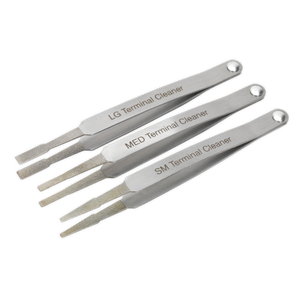 The "Sealey Terminal Cleaner Set 3pc - Diamond Grip - VS9202" includes three metallic terminal cleaners, each equipped with diamond cleaning ends for effective corrosion removal on terminals of varying sizes.