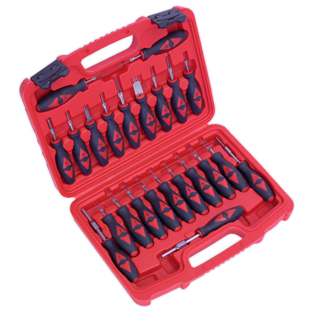 The Sealey Terminal Tool Kit 23pc - VS9203, housed in a red plastic case, includes an organized assortment of black and red screwdrivers in various head types and sizes, along with specialized tools for wiring connectors to minimize damage during installation.