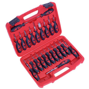 The Sealey Terminal Tool Kit 23pc - VS9203, housed in a red plastic case, includes an organized assortment of black and red screwdrivers in various head types and sizes, along with specialized tools for wiring connectors to minimize damage during installation.