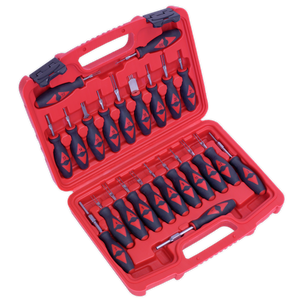 The Sealey Terminal Tool Kit 23pc - VS9203, housed in a red plastic case, includes an organized assortment of black and red screwdrivers in various head types and sizes, along with specialized tools for wiring connectors to minimize damage during installation.