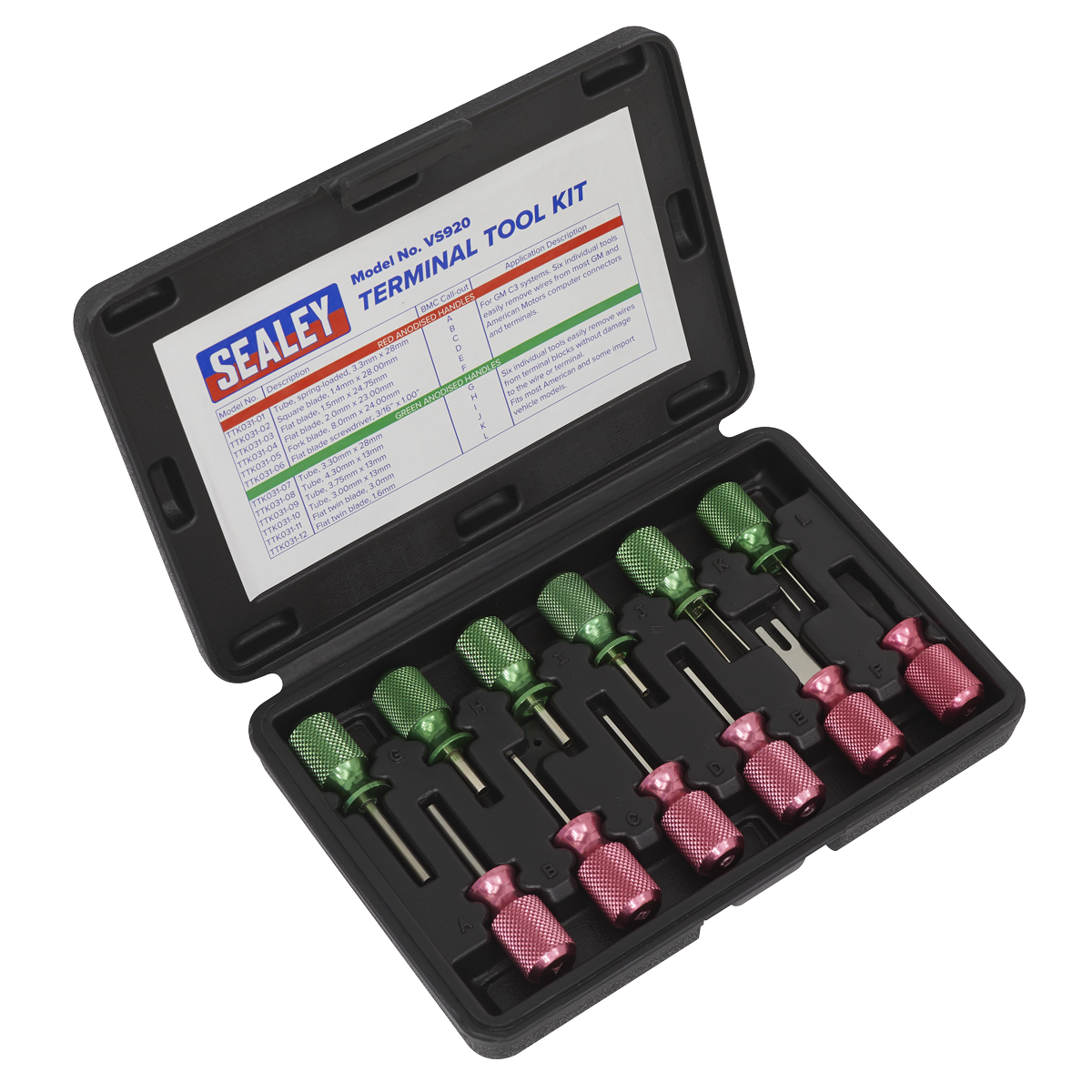 The Terminal Tool Kit 12pc - VS920 by Sealey is displayed in an open black case, containing various green and red hand tools organized in specific slots, ideal for terminal removal and addressing vehicle computer connectors in GM C3 systems.