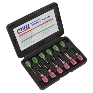 The Terminal Tool Kit 12pc - VS920 by Sealey is displayed in an open black case, containing various green and red hand tools organized in specific slots, ideal for terminal removal and addressing vehicle computer connectors in GM C3 systems.