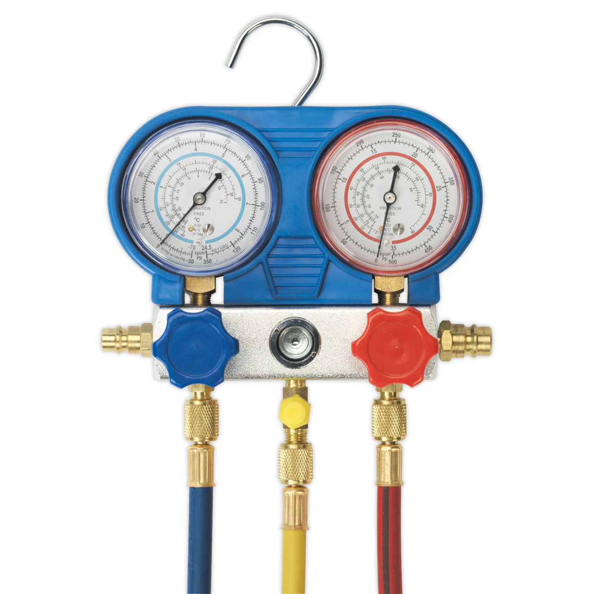 Image of the Sealey Air Conditioning System Manifold with Sight Glass - VSAC002, featuring two meters, colored knobs, and hoses. The left meter has a blue knob, and the right meter has a red knob with blue, red, and yellow hoses hanging down. Perfect for refrigerant testing in A/C systems.