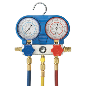 Image of the Sealey Air Conditioning System Manifold with Sight Glass - VSAC002, featuring two meters, colored knobs, and hoses. The left meter has a blue knob, and the right meter has a red knob with blue, red, and yellow hoses hanging down. Perfect for refrigerant testing in A/C systems.