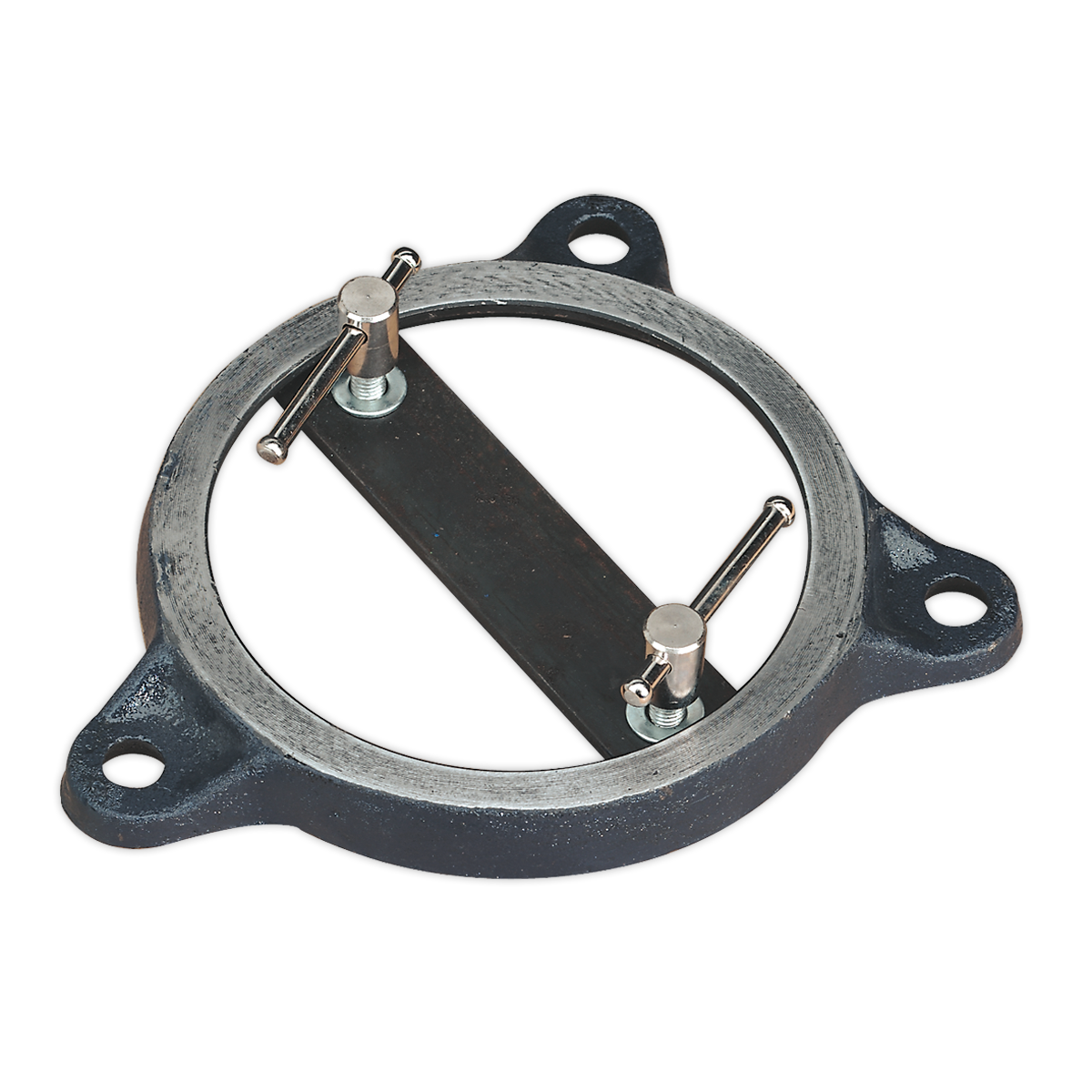 The Sealey Swivel Base for ASV200 Vice - VSB8 features a metal ring with three mounting holes and a crossbar secured by two pins.