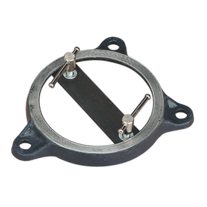 The Sealey Swivel Base for ASV200 Vice - VSB8 features a metal ring with three mounting holes and a crossbar secured by two pins.