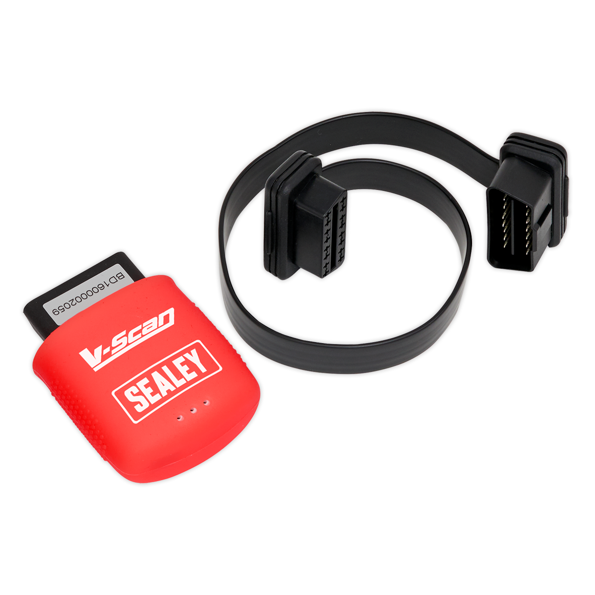 A robust diagnostic tool for vehicle diagnostics, the red-cased "V-Scan Multi-Manufacturer Diagnostic Tool - Android - VSCAN" by Sealey features an attached black cable with connectors on both ends.