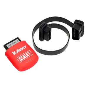 A robust diagnostic tool for vehicle diagnostics, the red-cased "V-Scan Multi-Manufacturer Diagnostic Tool - Android - VSCAN" by Sealey features an attached black cable with connectors on both ends.