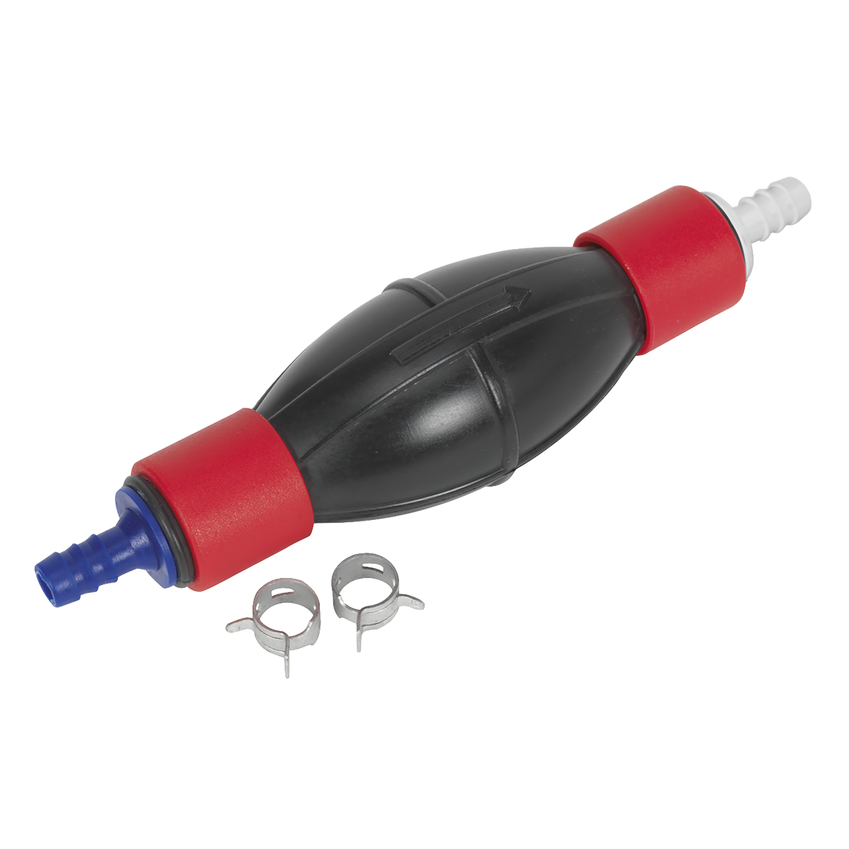 The Diesel & Petrol Fuel Pump Priming Tool - VSE055 by Sealey is a black rubber fuel primer bulb featuring red ends, blue and white nozzles on each end, and two metal clips—ideal for use in the fuel system during a diesel filter change.