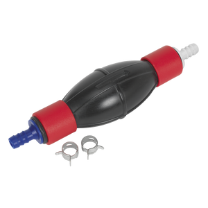 The Diesel & Petrol Fuel Pump Priming Tool - VSE055 by Sealey is a black rubber fuel primer bulb featuring red ends, blue and white nozzles on each end, and two metal clips—ideal for use in the fuel system during a diesel filter change.