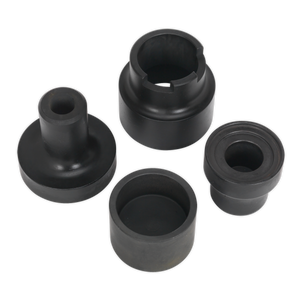 The Bush Removal Adaptor Set - Renault Laguna - VSE127H02 by Sealey includes four black components of different shapes and sizes, symmetrically arranged, resembling tools used for front ball joint removal on a Renault Laguna.