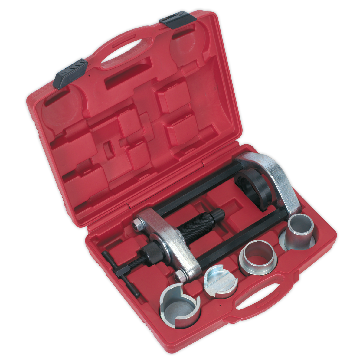 The Sealey Hydraulic Ball Joint Installation/Removal Kit - BMW - VSE127H is a durable red plastic case that includes a variety of automotive bearing puller tools and accessories, featuring hydraulic ram action for press-fit control arm ball joints, making it perfect for BMW 3 Series E36 models.