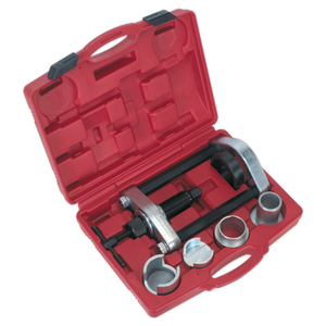 The Sealey Hydraulic Ball Joint Installation/Removal Kit - BMW - VSE127H is a durable red plastic case that includes a variety of automotive bearing puller tools and accessories, featuring hydraulic ram action for press-fit control arm ball joints, making it perfect for BMW 3 Series E36 models.