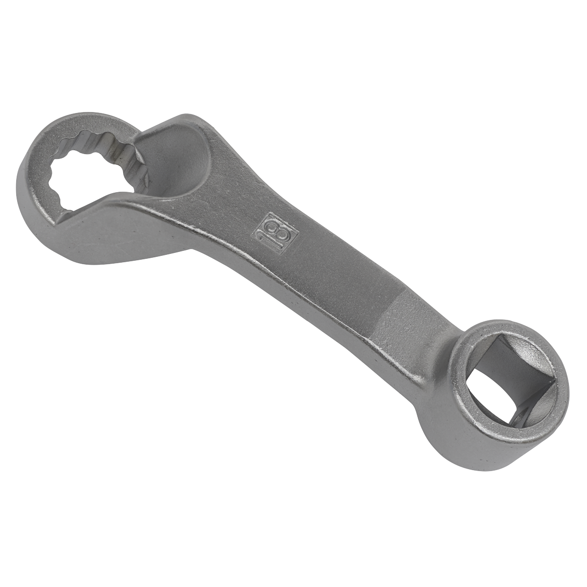 A close-up of the metallic Camber Adjusting Tool - VAG - VSE18 by Sealey, featuring a ring end and a square socket end, ideal for use as part of a VAG rear multilink suspension tool.