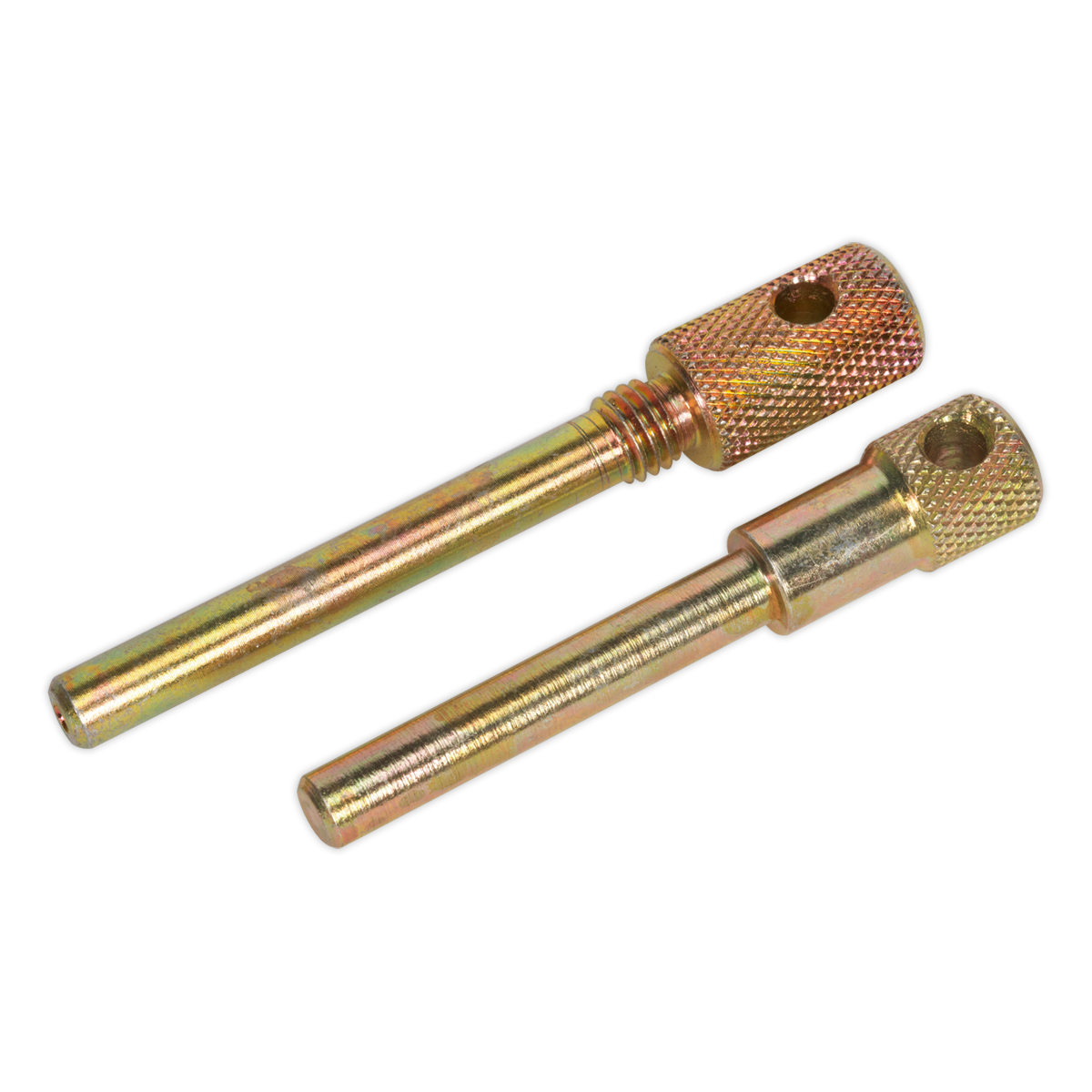 Two metallic bolts with textured heads and holes through the heads, placed parallel to each other on a white background. These components resemble those found in the Sealey Diesel Engine Timing Tool Kit (VSE1901A), essential for maintaining Renault 1.5dCi diesels, Nissan 1.5dCi engines, Suzuki DDiS models, or Dacia dCi engines.