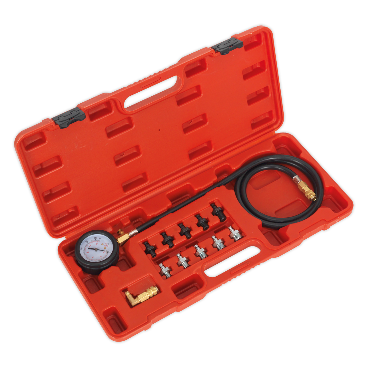 The Sealey Oil Pressure Test Kit 12pc - VSE203 comes in a red plastic carrying case containing a pressure gauge, black hose, quick coupling adaptors, and multiple connectors and fittings neatly arranged inside.