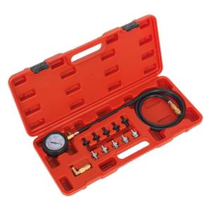 The Sealey Oil Pressure Test Kit 12pc - VSE203 comes in a red plastic carrying case containing a pressure gauge, black hose, quick coupling adaptors, and multiple connectors and fittings neatly arranged inside.