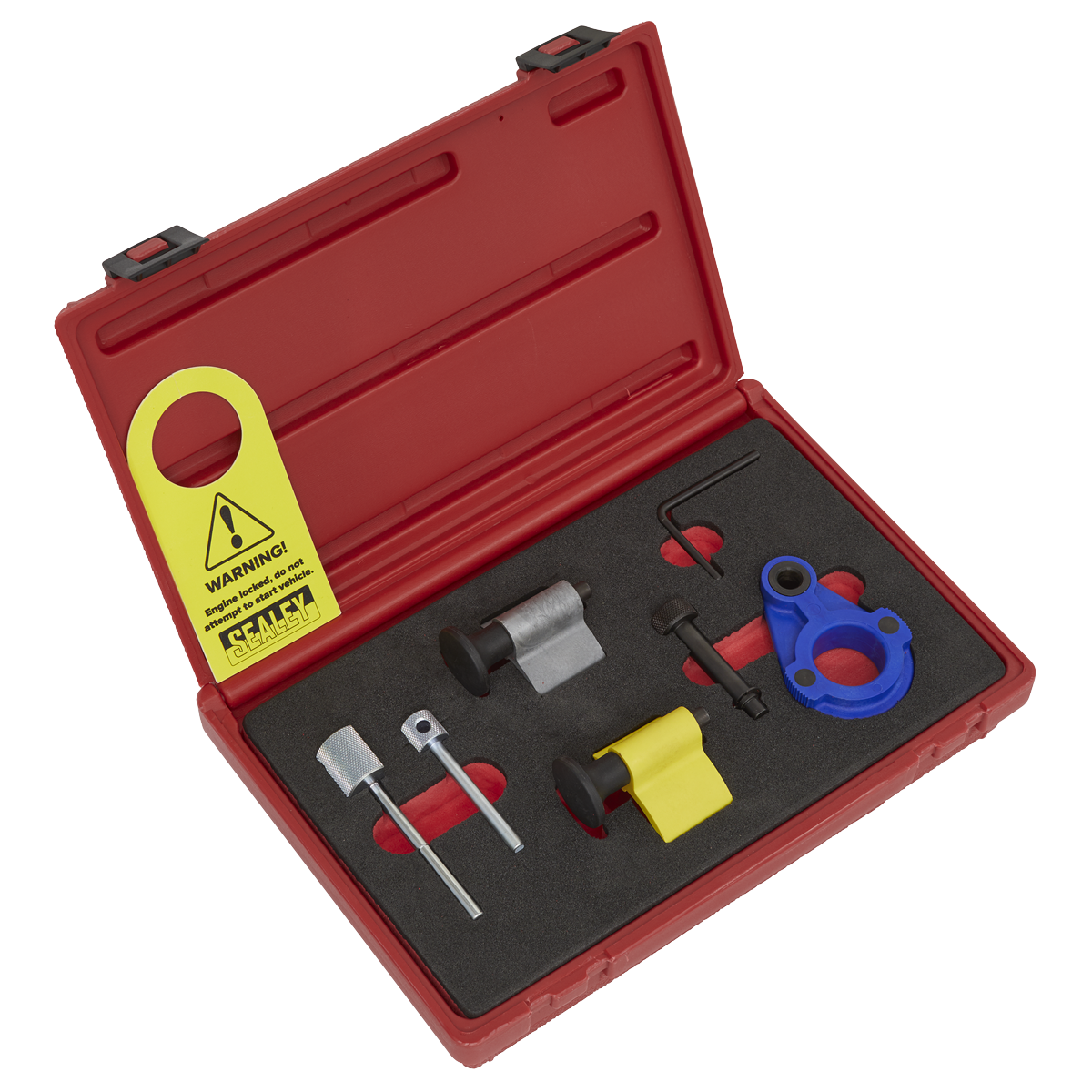 The Sealey Diesel Engine Timing Tool Kit 1.2D/1.4D/1.6D/2.0D - for VAG, Ford & Mitsubishi (model VSE2092) features a red plastic case containing various tool components. These include a yellow warning tag, metal rods, a blue fixture, a yellow and black clamp, and an Allen key—all set in black foam. This timing tool kit is designed specifically for belt drive engines in VAG diesel engines.
