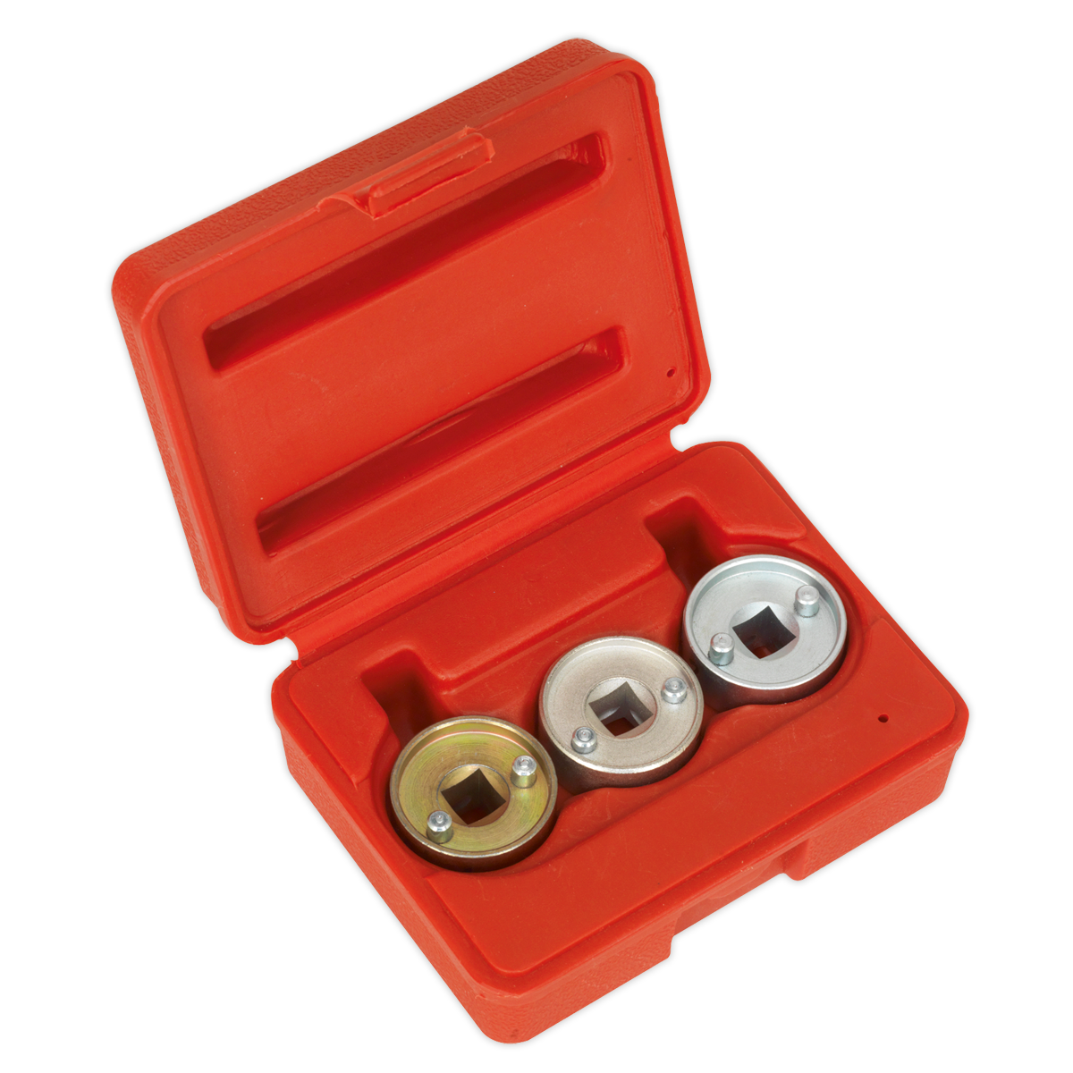 The Sealey Camshaft Control Valve Removal Set - VAG 1.8, 2.0 TSI/TFSi (VSE2359) features a red plastic case containing three metallic sockets with square openings, ideal for camshaft adjustment in VAG vehicles.