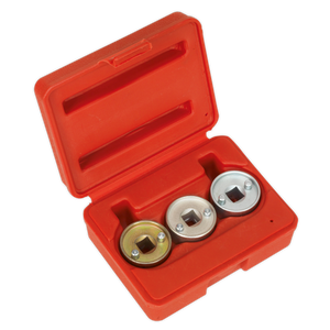 The Sealey Camshaft Control Valve Removal Set - VAG 1.8, 2.0 TSI/TFSi (VSE2359) features a red plastic case containing three metallic sockets with square openings, ideal for camshaft adjustment in VAG vehicles.