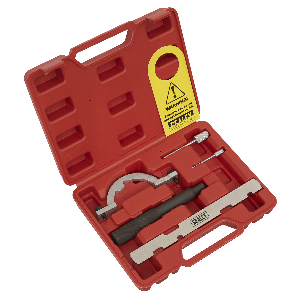 The Sealey Petrol Engine Timing Tool Kit - for GM, Suzuki 1.0/1.2/1.4 Chain Drive (VSE243) includes a red plastic carrying case filled with essential tools such as a bracket-like tool, a Sealey-labeled bar tool, a screwdriver, and a yellow warning tag. This kit is ideal for chain engines and also contains locking tools and a timing disc position gauge.