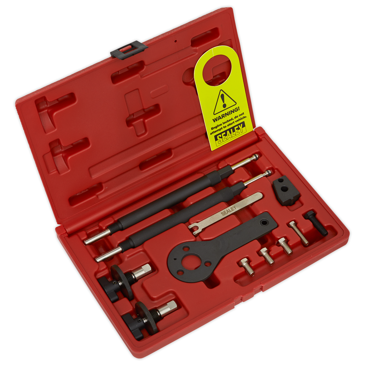 The Sealey Petrol Engine Timing Tool Kit (VSE2511A) for Alfa Romeo, Fiat, and Lancia 1.2/1.4 16v/1.4 T-Jet belt drive engines comes in a red plastic case and includes various automotive tools such as a puller, hooks, pins, and other essential components. A yellow warning tag is attached inside the case.