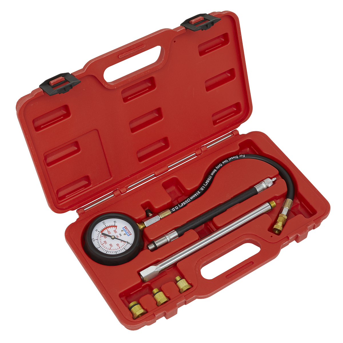 The Sealey Petrol Engine Compression Tester Deluxe Kit 6pc - VSE300D includes a red plastic case housing a 300psi pressure gauge with a flexible extension hose, three metal rods, and four brass fittings.