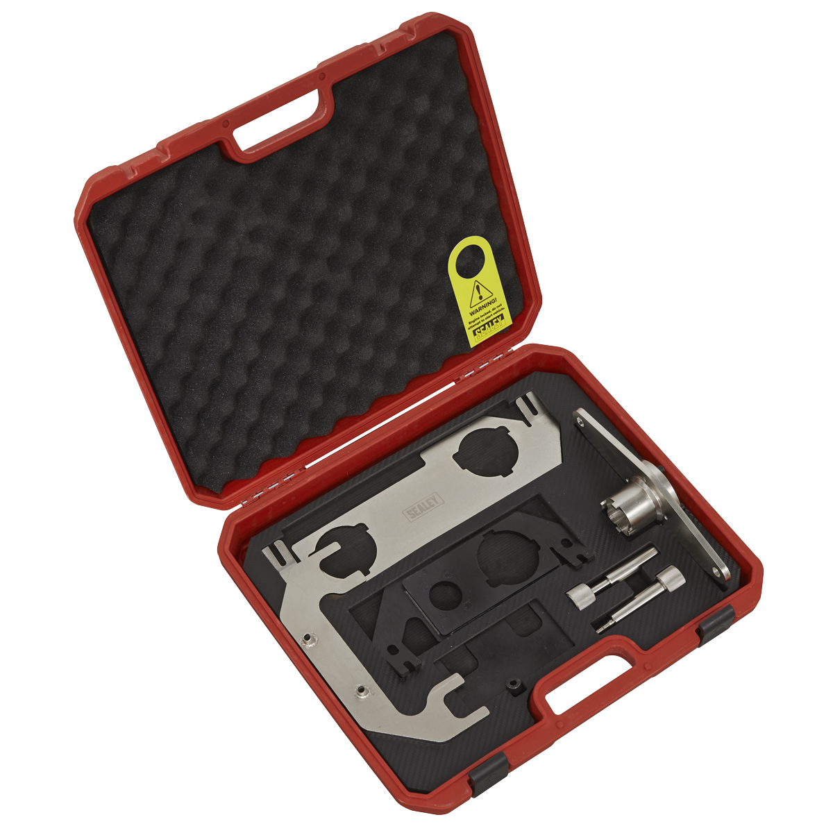 The Timing Tool Kit for JLR 2.0/2.0D Ingenium Engine - Chain Drive - VSE3037 by Sealey is a red plastic storage case with instructions, containing metal tools and parts, including camshaft adjuster tools, all organized in foam padding.