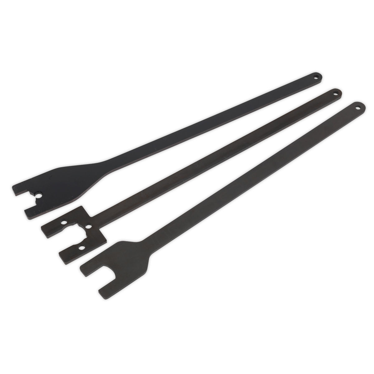 Three black metal wrenches of varying sizes, each featuring a forked, open-ended design and elongated handles, are laid out in parallel on a white background. These Viscous Fan Spanner Sets from Sealey (model VSE3042), designed specifically for Land Rover/Range Rover with chain drives, are ideal tools for tasks like viscous fan removal.