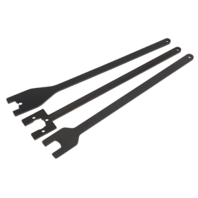 Three black metal wrenches of varying sizes, each featuring a forked, open-ended design and elongated handles, are laid out in parallel on a white background. These Viscous Fan Spanner Sets from Sealey (model VSE3042), designed specifically for Land Rover/Range Rover with chain drives, are ideal tools for tasks like viscous fan removal.