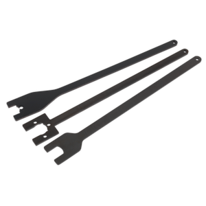 Three black metal wrenches of varying sizes, each featuring a forked, open-ended design and elongated handles, are laid out in parallel on a white background. These Viscous Fan Spanner Sets from Sealey (model VSE3042), designed specifically for Land Rover/Range Rover with chain drives, are ideal tools for tasks like viscous fan removal.