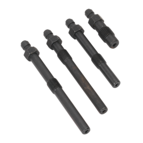 Four identical black metal rods with threaded sections are arranged diagonally on a white background, closely resembling precision tools from the Sealey Diesel Compression Adaptor Kit - BMW, Mercedes, Rover, VAG (VSE3151) used for Diesel engines.