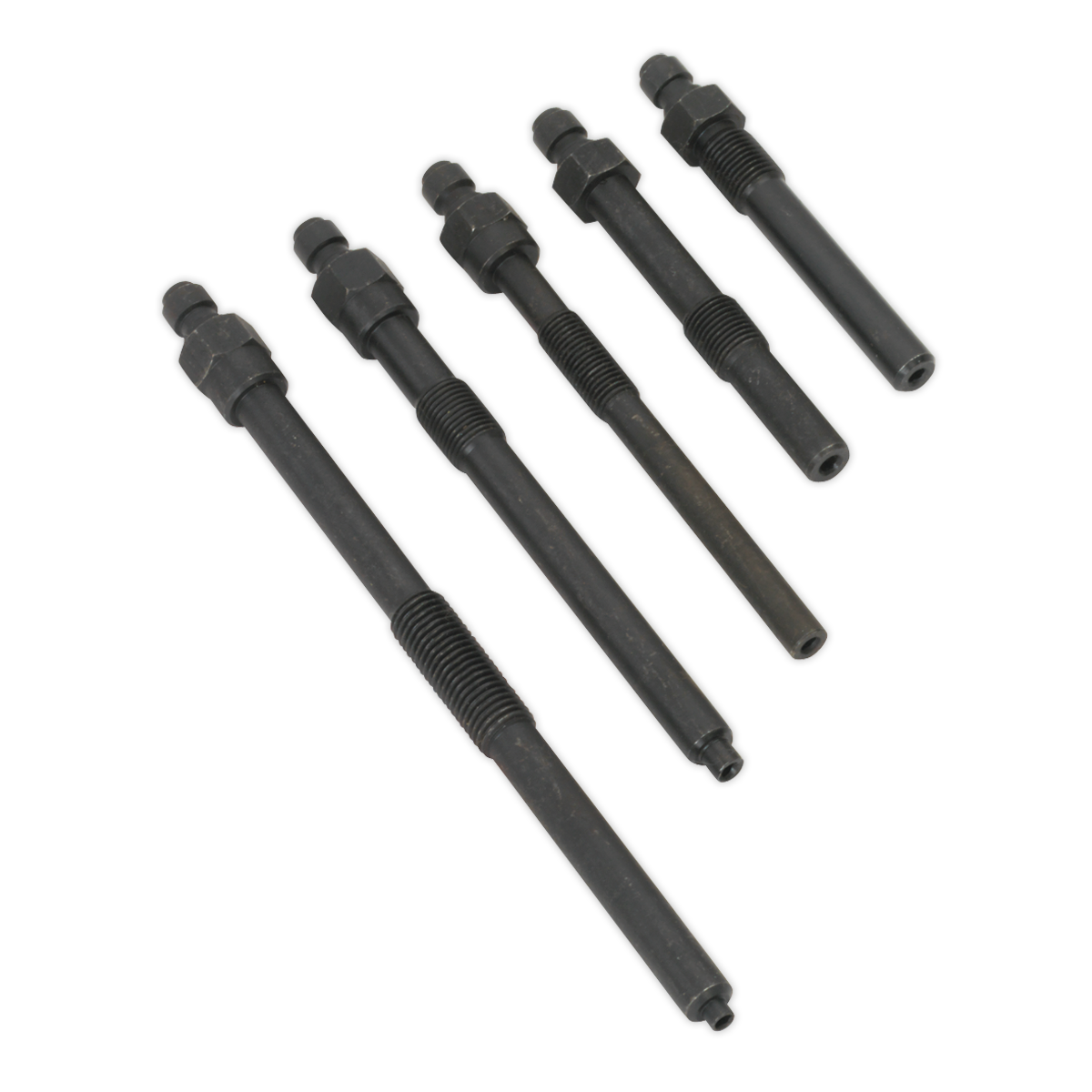 Five black cylindrical mechanical parts of varying lengths, each with threaded sections and cylindrical ends, resembling components from the Sealey Diesel Compression Adaptor Kit - Ford, Mazda, PSA - VSE3152, are arranged in descending order by size.